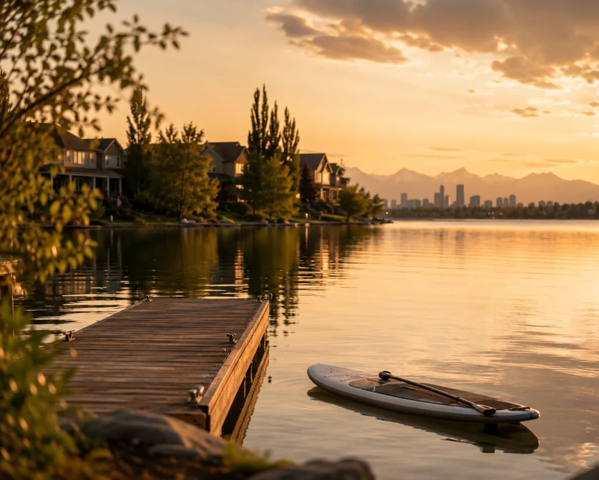 Auburn Bay Lake in southeast Calgary at golden hour with a wooden dock and a single paddleboard floating on still water, Calgary skyline and Rocky Mountain silhouette in distance