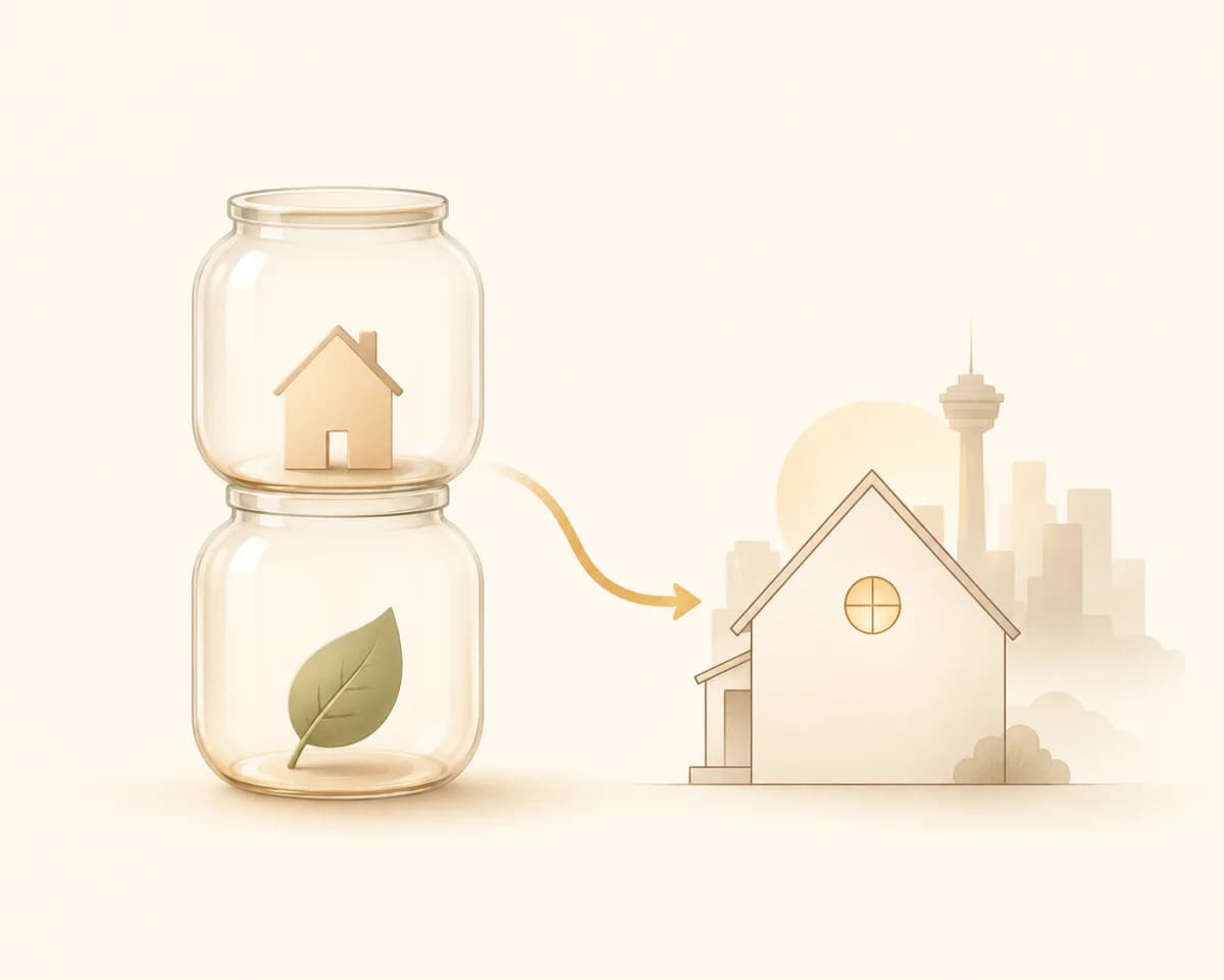Soft editorial illustration of two stacked translucent jars — one with a small house silhouette, one with a leaf — connected by a curved arrow flowing into a stylized Calgary house silhouette with the Calgary Tower visible in the background, warm cream palette