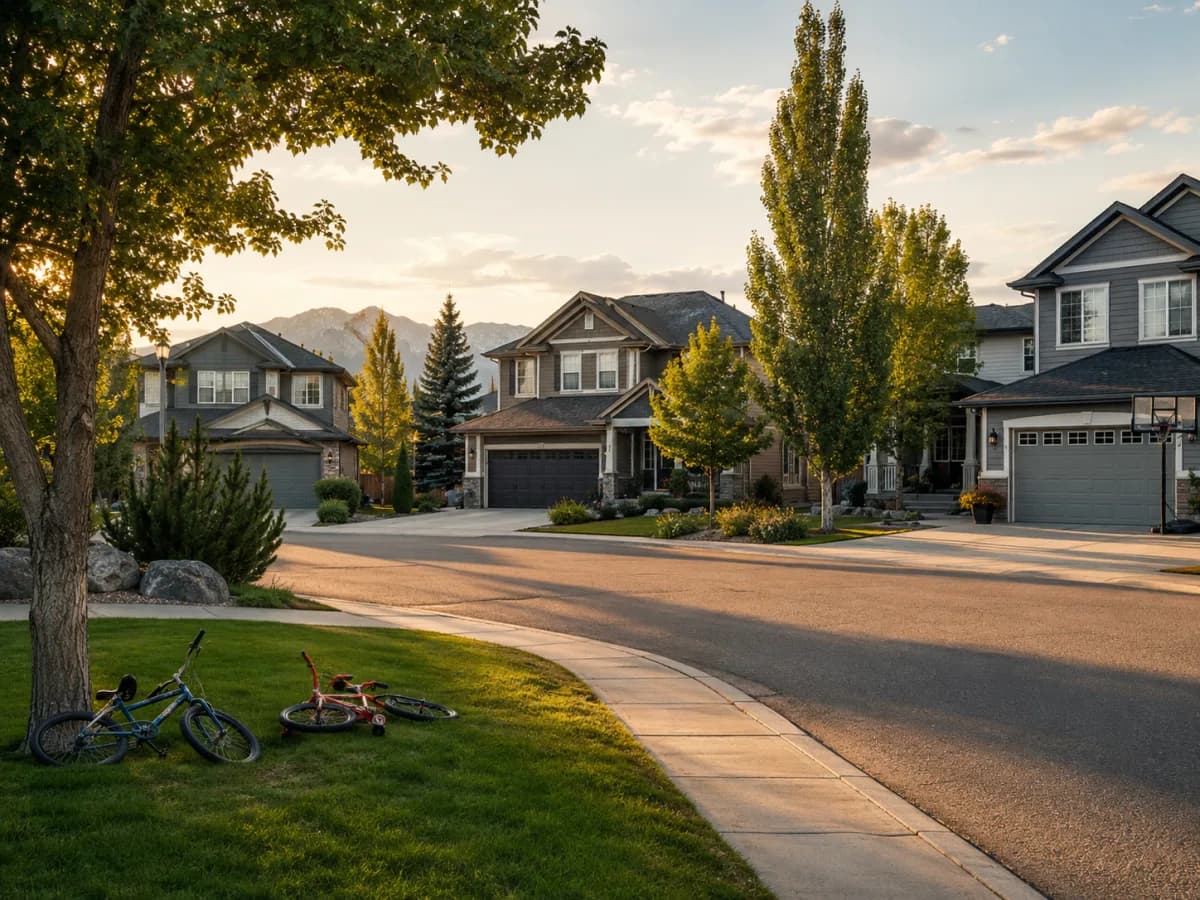 Calgary family neighbourhood street near a school at golden hour with the downtown skyline and Calgary Tower in the distance