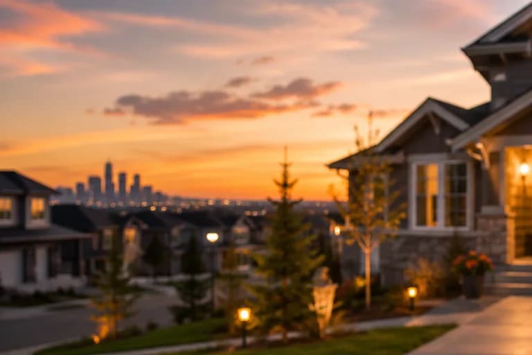 Dusk view of a northeast Calgary detached home with the downtown skyline behind it and golden light in the windows