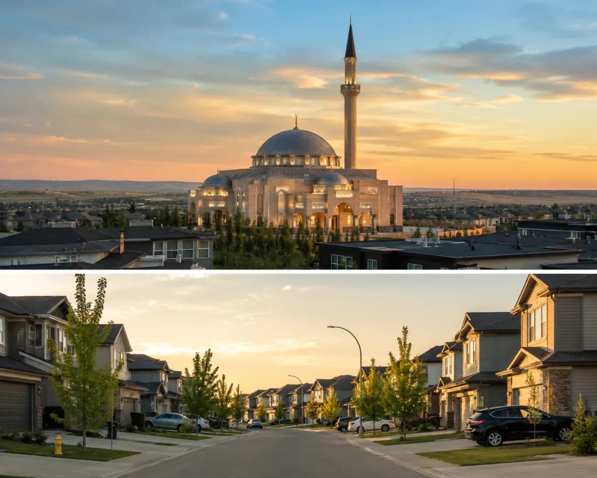 Baitun Nur Mosque dome and minaret in northeast Calgary at golden hour above Taradale and Saddle Ridge rooftops