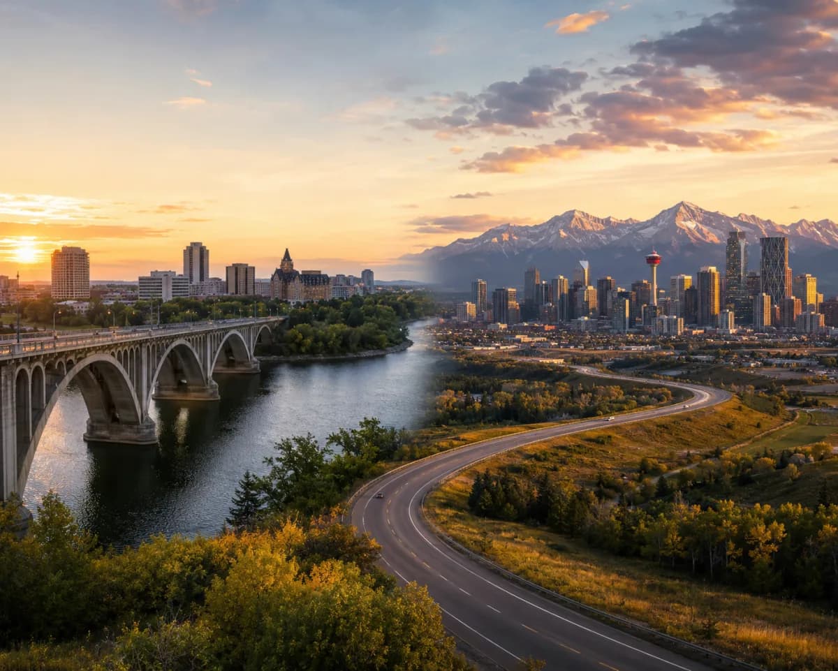 Prairie highway from Saskatoon toward Calgary at golden hour, foothills and downtown skyline ahead, moving truck on road