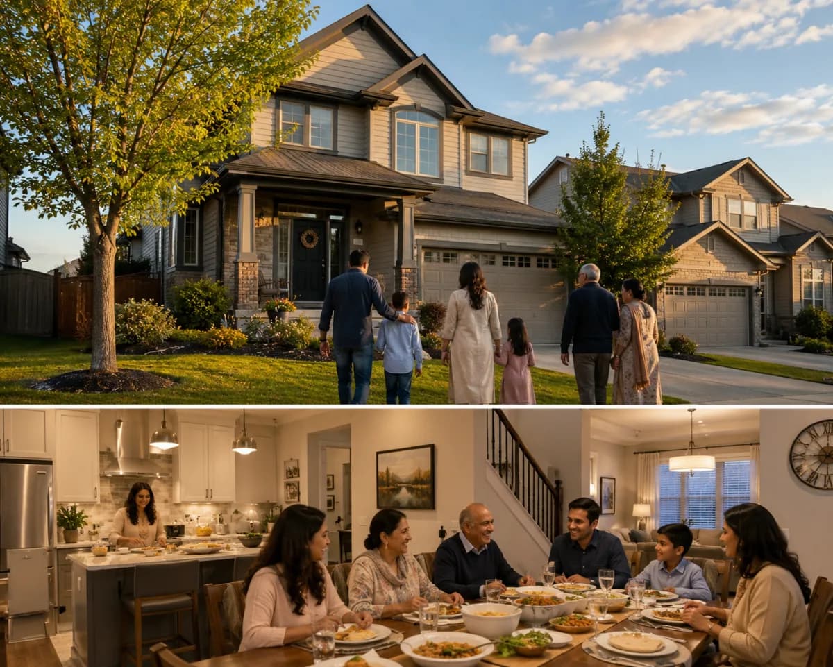 Dusk view of a Saddle Ridge NE Calgary street with large two-storey homes and the Genesis Centre in the distance