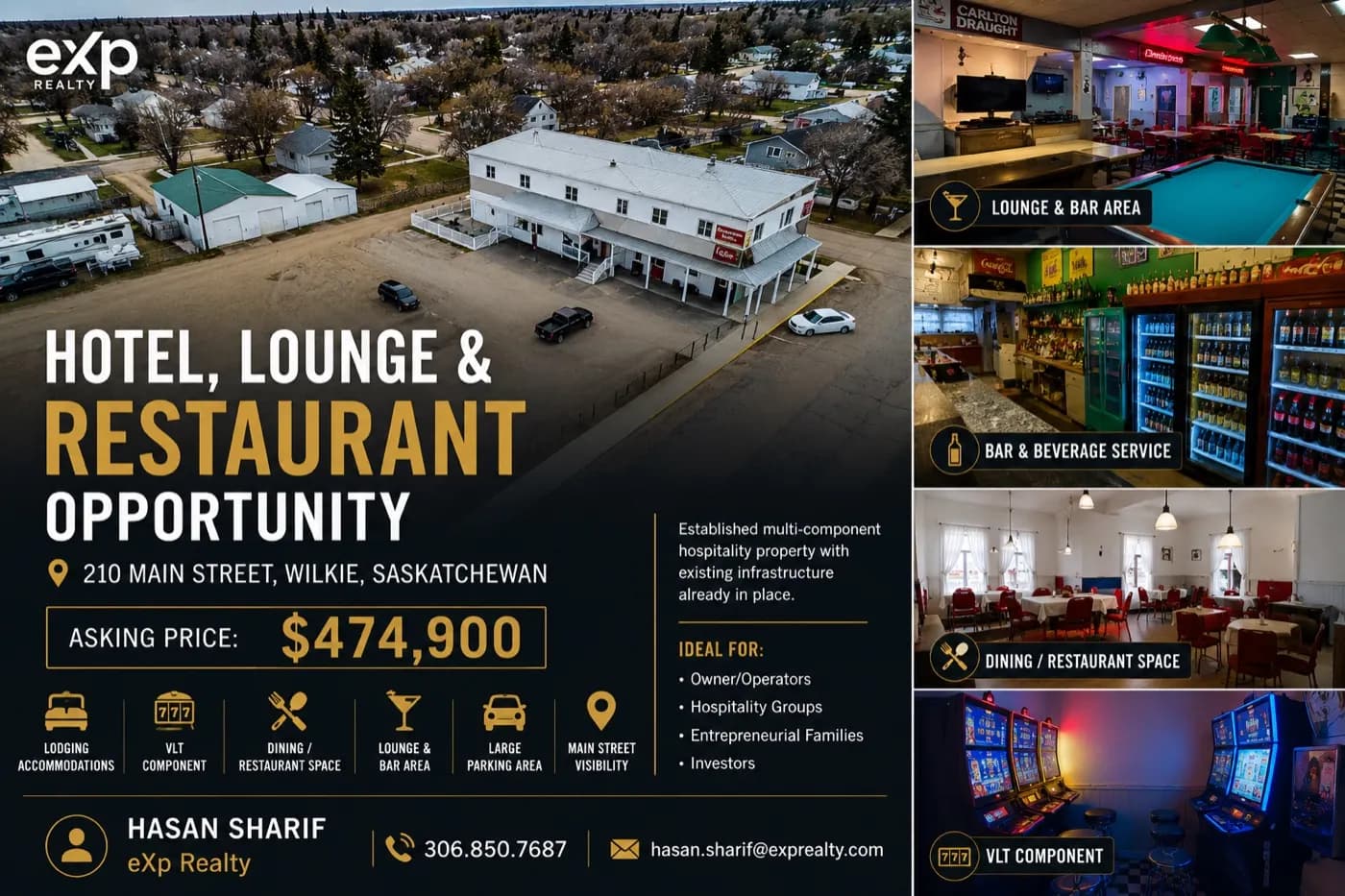 Marketing flyer for the hotel, lounge, and restaurant opportunity at 210 Main Street in Wilkie