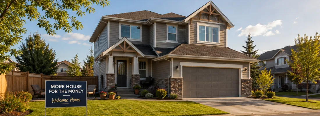 Moving to Calgary from Toronto 2026 — a detached home in NE Calgary with a front yard, warm afternoon light, a sold sign at the curb